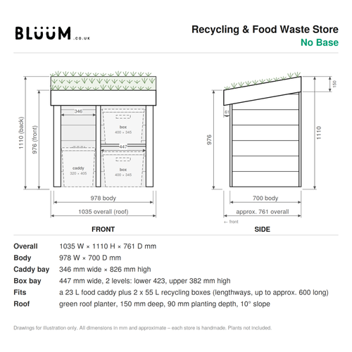 Technical drawing for the Recycling & Food Waste Store with Green Roof Planter - version with no base