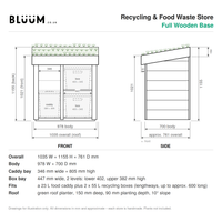 Technical drawing for the Recycling & Food Waste Store with Green Roof Planter - version with full wooden base