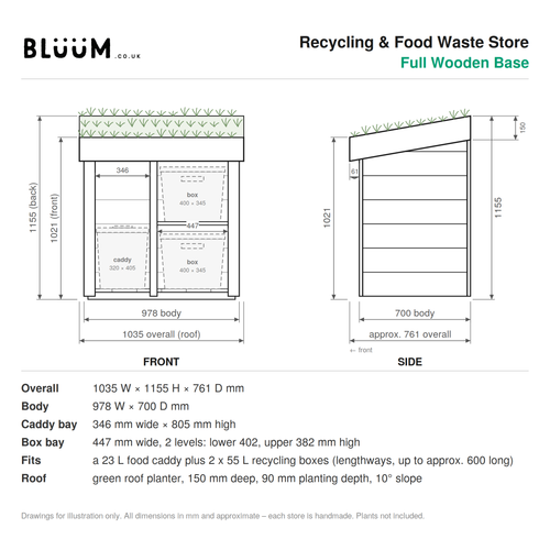 Technical drawing for the Recycling & Food Waste Store with Green Roof Planter - version with full wooden base