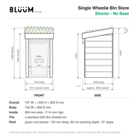 A dimension diagram for a BLUUM Single Wheelie Bin Store, showing front and side measurements with labels, plus a list of overall dimensions and fit details on a white background.