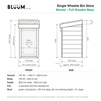 A product specification and dimension diagram for a single wheelie bin store by BLUUM.co.uk