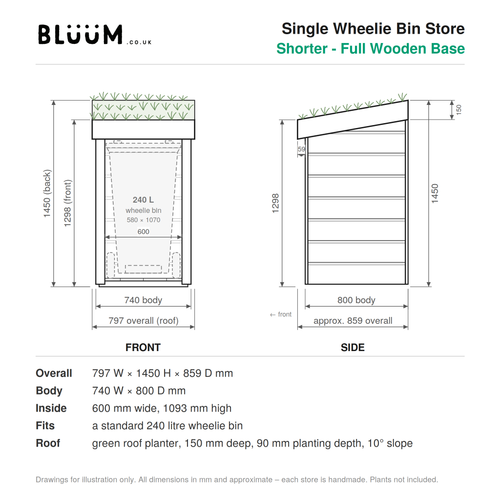 A product specification and dimension diagram for a single wheelie bin store by BLUUM.co.uk