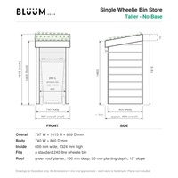 A technical dimension drawing for a single wheelie bin store with green roof planter, by BLUUM.co.uk