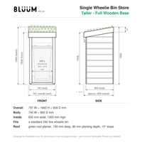 A technical dimension drawing for a single wheelie bin store, showing front and side elevation diagrams with measurements, plus a list of overall dimensions and fit details on a white background. 