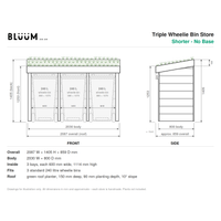 A technical specification and measurement diagram for a 'Bluum' Triple Wheelie Bin Store, showing front and side profile drawings with dimensions, capacity details, and text describing the shorter no-base version.