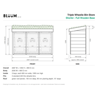 A technical dimension drawing of a BLUUM triple wheelie bin store, showing front and side elevations with measurements, bin capacities, and fit information for a shorter version with full wooden base.