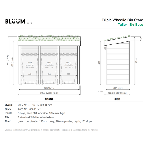 Triple wheelie bin store, taller version with no base - technical data