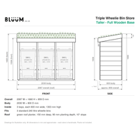 Technical dimension drawing for a BLUUM Triple Wheelie Bin Store, showing front and side elevations with measurements, bin capacities, and a list of dimensions and features below.