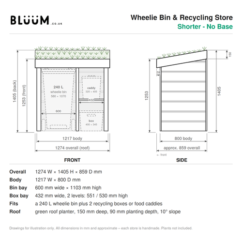 Technical drawing: Bluum Wheelie Bin & Recycling Store, shorter version with no base