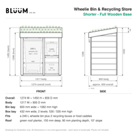 Technical drawing: Bluum Wheelie Bin & Recycling Store, shorter version with full wooden base
