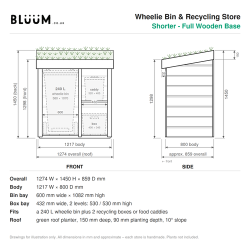 Technical drawing: Bluum Wheelie Bin & Recycling Store, shorter version with full wooden base