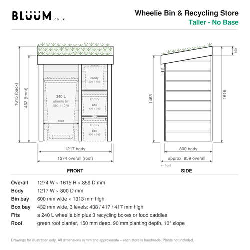 Technical drawing: Bluum Wheelie Bin & Recycling Store, taller version with no base
