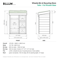 Technical drawing: Bluum Wheelie Bin & Recycling Store, taller version with full wooden base