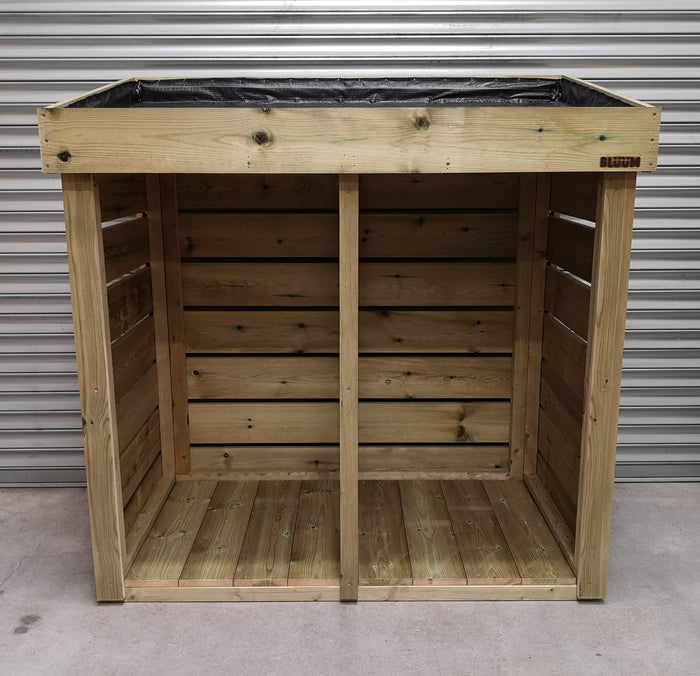 Double wheelie bin store for two bins, with green living roof planter suitable for sedum, wildflowers, alpine plants. Wheelie bin storage UK