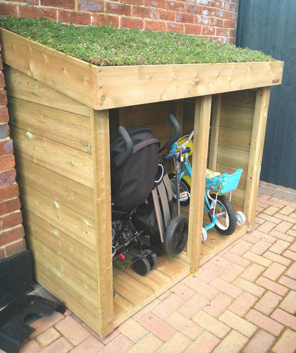 General garden storage unit with green roof living planter, to store tools, prams, logs, bikes and toys. Log storage, firewood store. Pram storage. Made in the UK