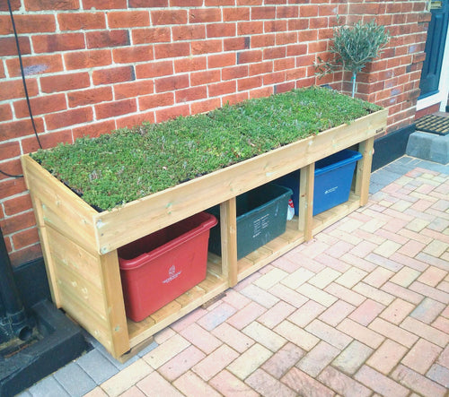 Triple recycling bin box outside, external recycling storage with green roof planter. Small bin storage solutions