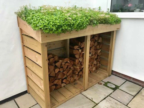 Bluum Stores Maxi Log Store for outdoor firewood storage. Green roof living planter / planting top for sedum, succulents, alpines, grasses or herb garden.