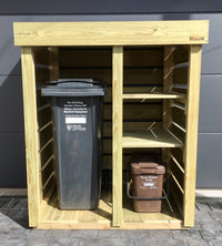 Bin tidy storage unit for your garden to hide away a wheelie bin and recycling boxes / food waste caddy. The roof can be filled with your favourite plants:  sedum, succulents, alpines, grasses, herbs etc. 
