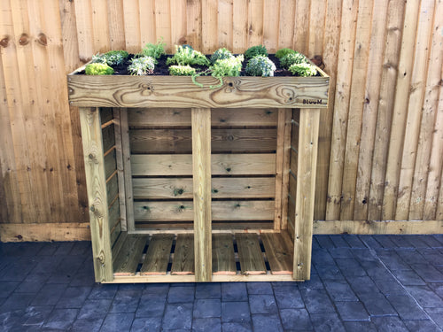Alpine plants, succulents and sedum can be planted in the roof of a Bluum Log Store.  High quality firewood storage 