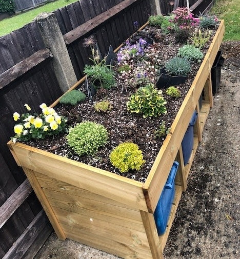 Bluum low recycling box tidy storage unit with living green roof planter. Low profile recycling bin storage. UK wooden recycling box tidy  