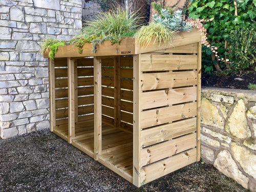 Hand made wheelie bin storage unit with living green roof planter top.  Pressure treated wood and exterior grade fixings for a long life in your garden 