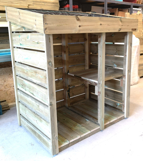 Shorter wheelie bin and recycling store with two shelf areas for recycling boxes, bags, caddies. Planter roof for a living green roof planting area 